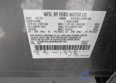 2024 Ford Edge Sel z USA, uszkodzony, nr VIN 2FMPK4J94RBA98745